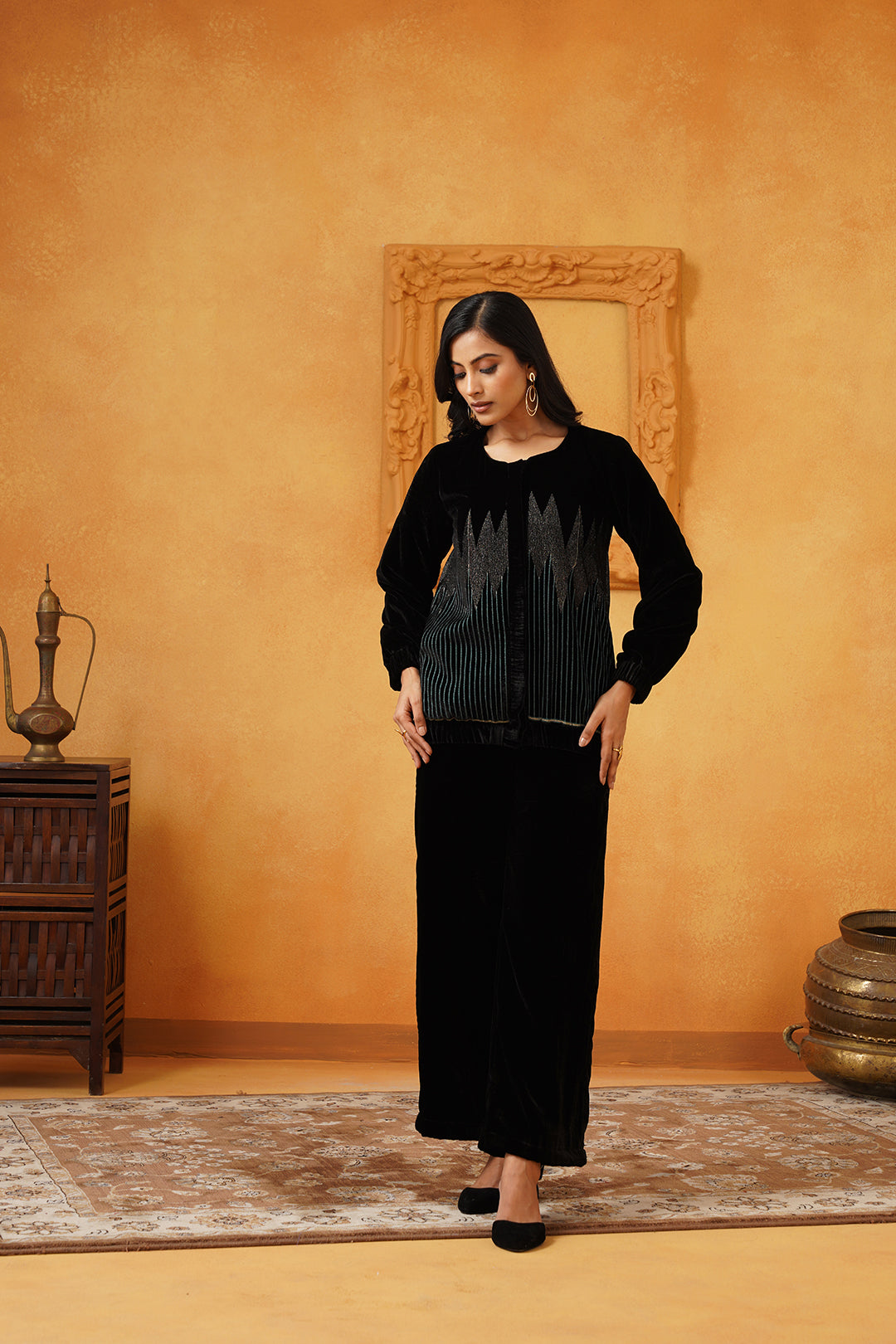 Sanchi Velvet Embroidered Jacket Set - Neetika Chopra