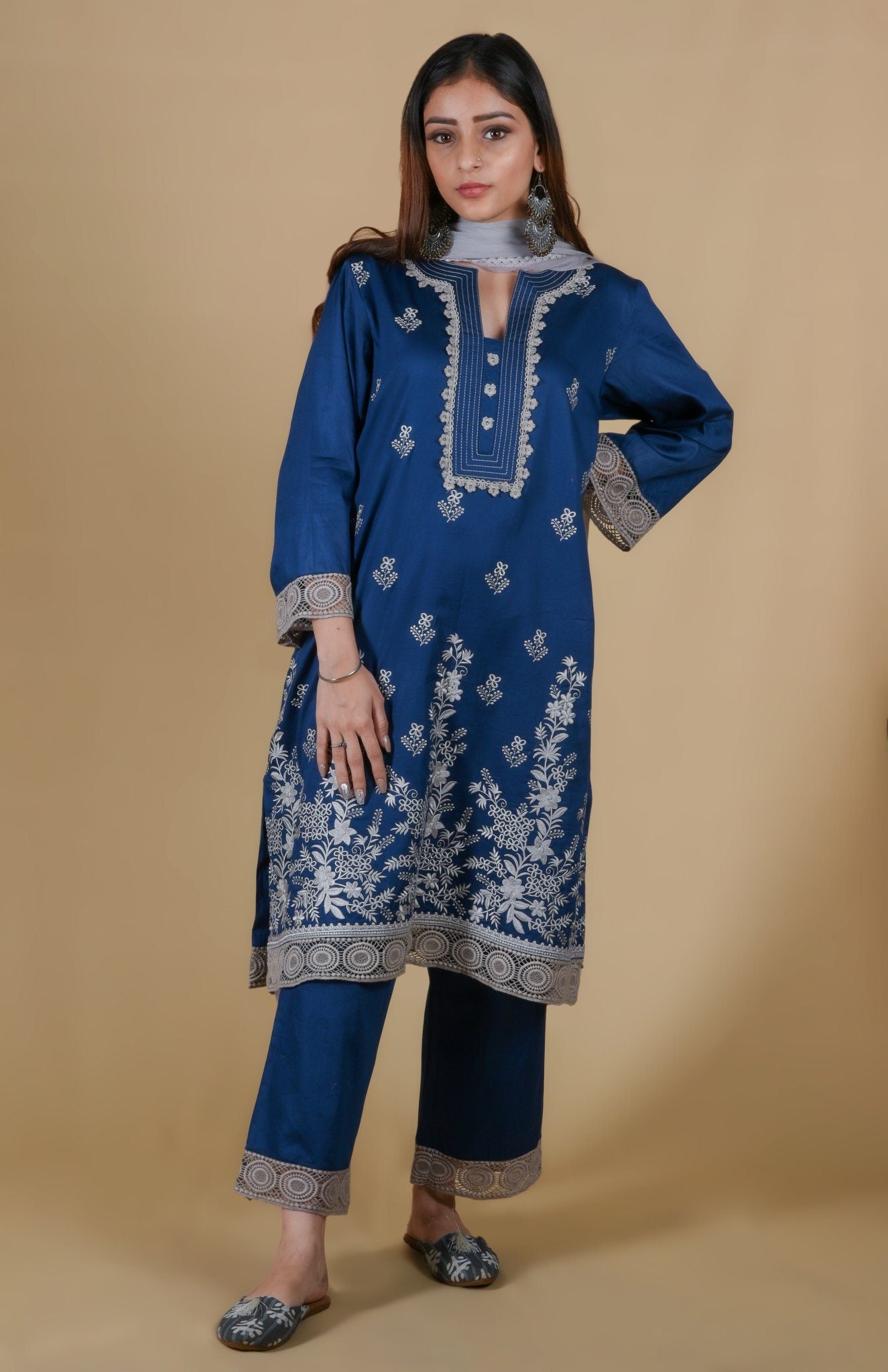 Prussian Blue Kurta Patti Embroidered Suit Set - Neetika Chopra