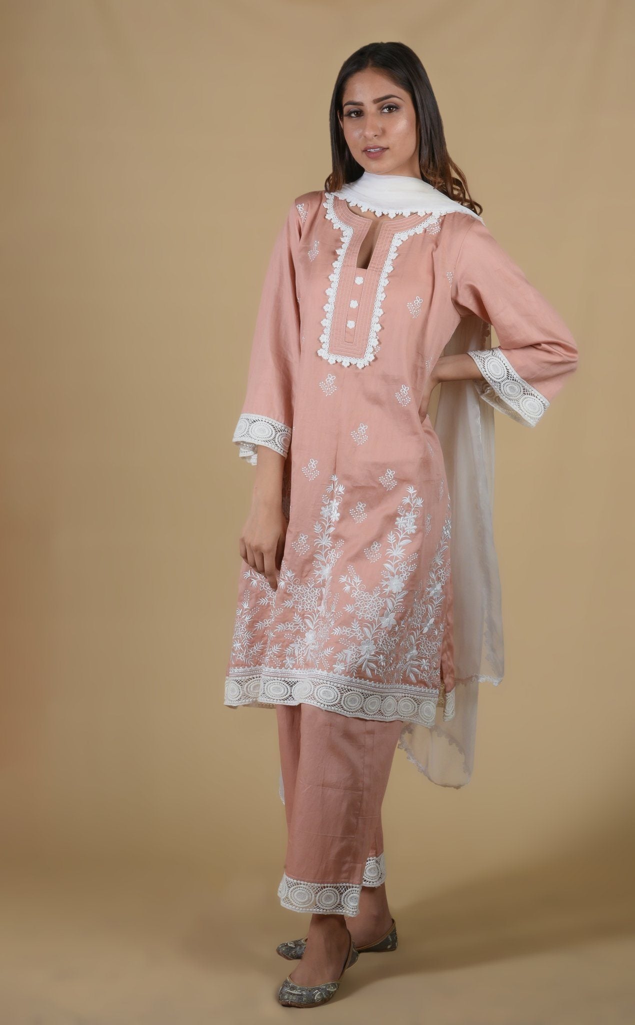 Salmon Pink Kurta Patti Embroidered Suit Set - Neetika Chopra