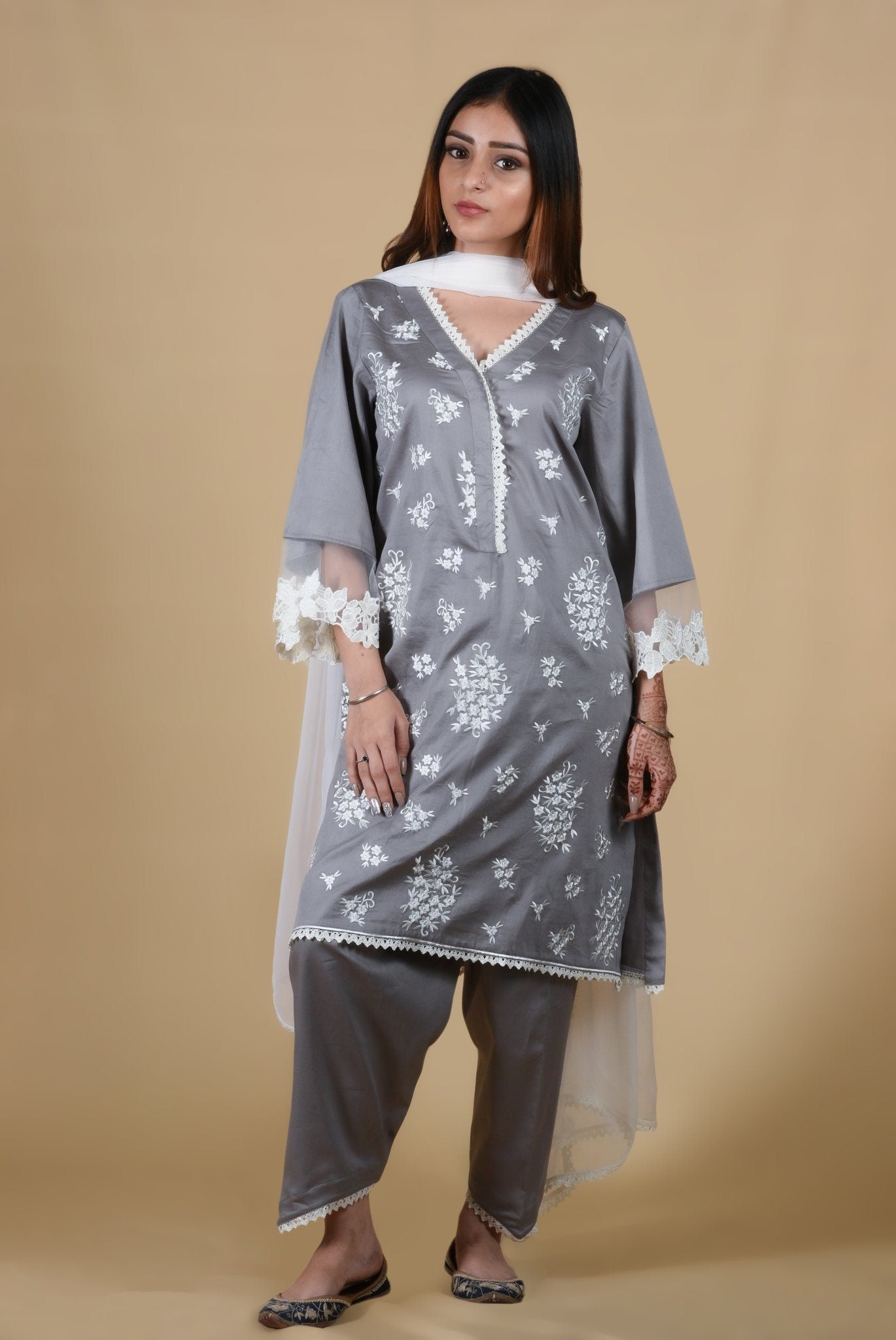 Lava Grey V-Neck Embroidered Suit Set - Neetika Chopra