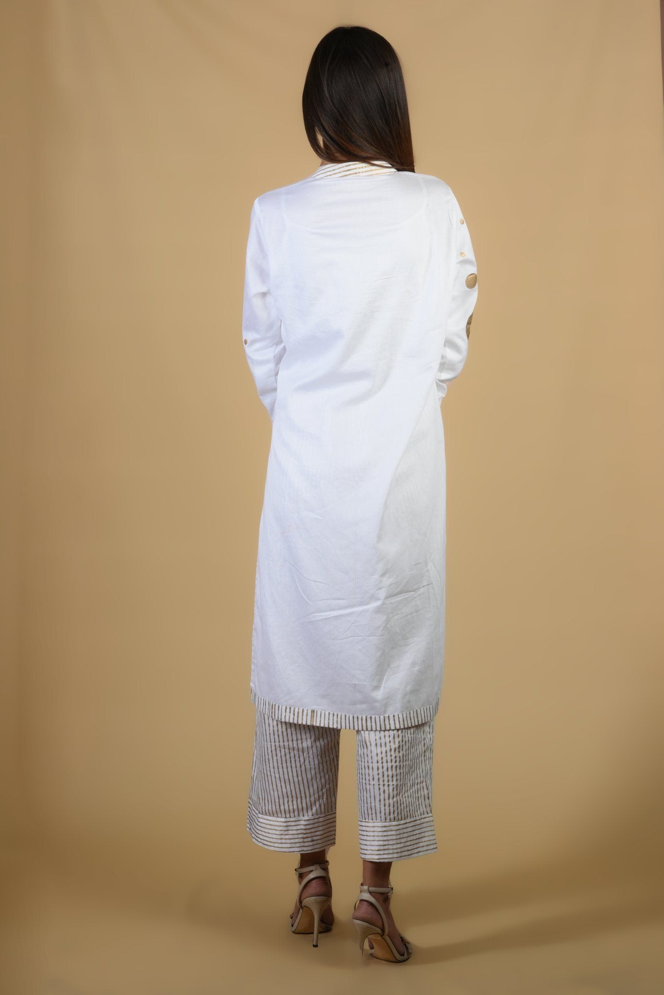 White Block Printed Round Suit Set - Neetika Chopra