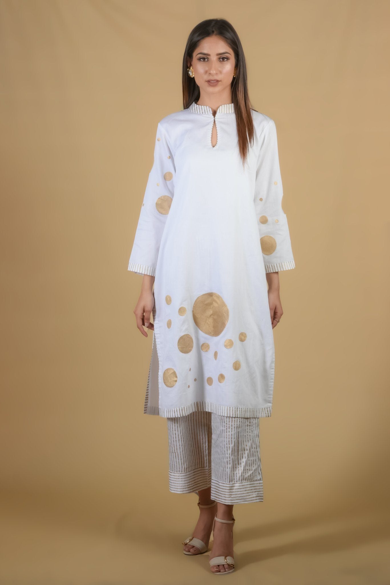 White Block Printed Round Suit Set - Neetika Chopra