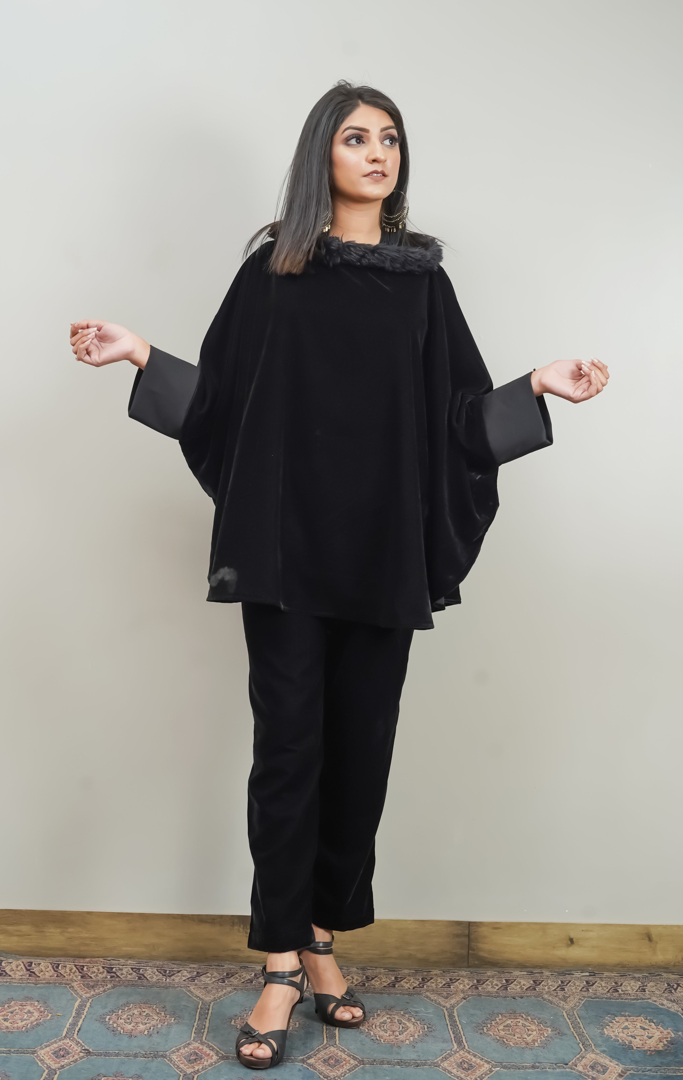 Black Velvet Fur Co-Ord Set - Neetika Chopra