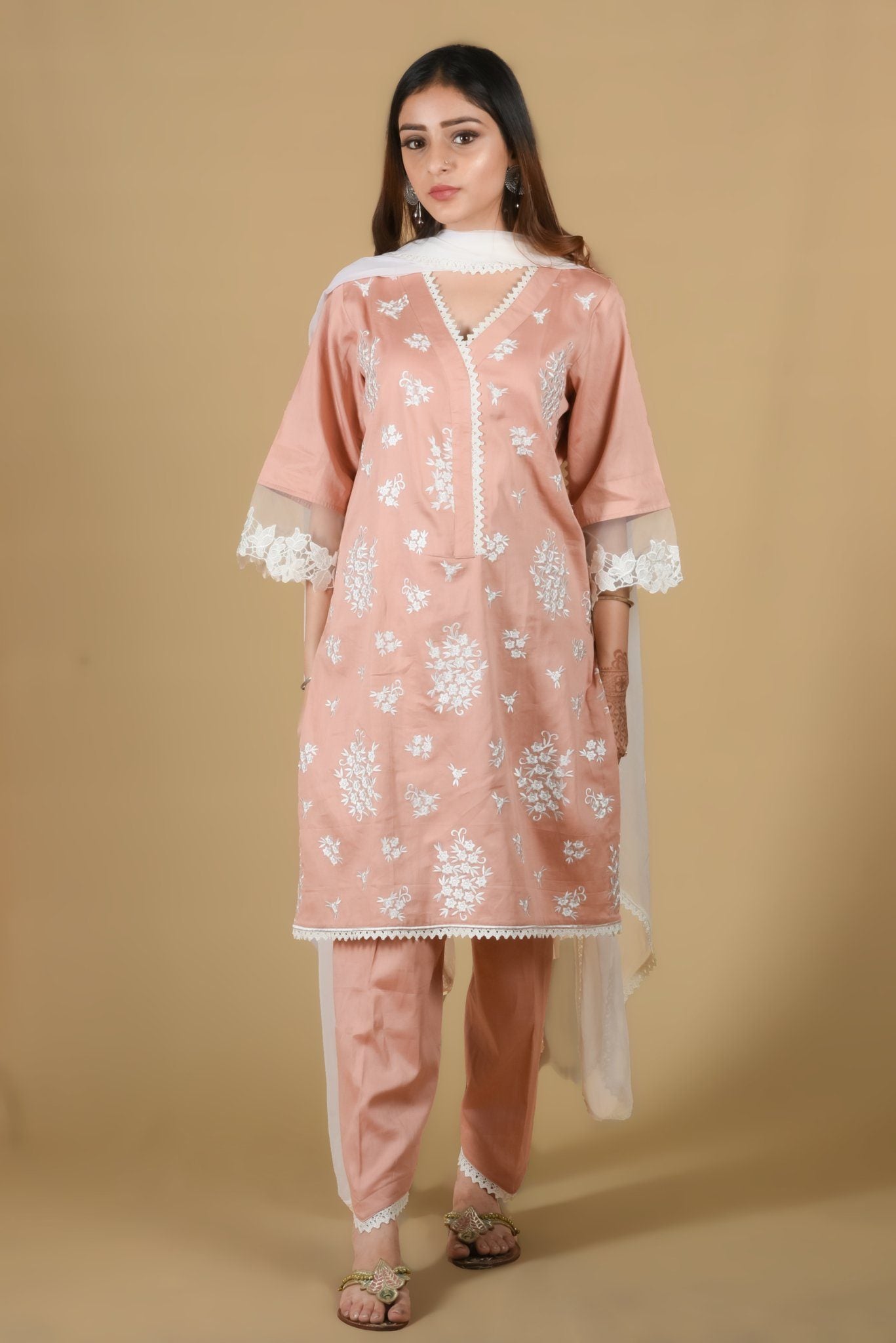 Salmon Pink V-Neck Embroidered Suit Set - Neetika Chopra