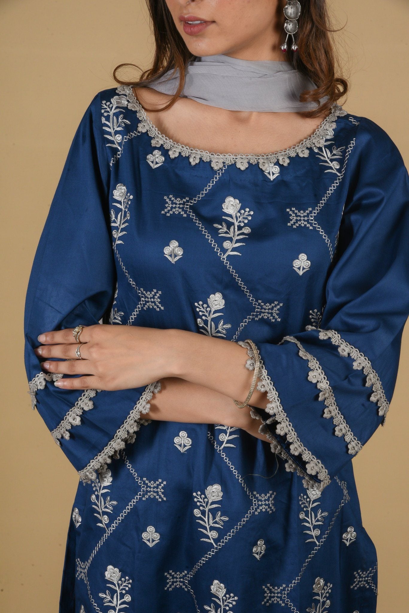 Prussian Blue Boat Neck Embroidered Suit Set - Neetika Chopra