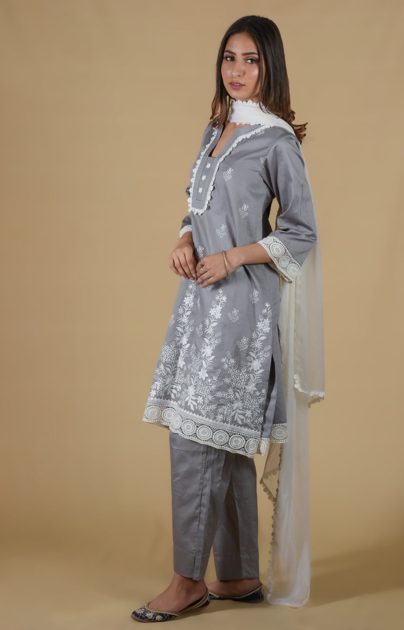 Lava Grey Kurta Patti Embroidered Suit Set - Neetika Chopra