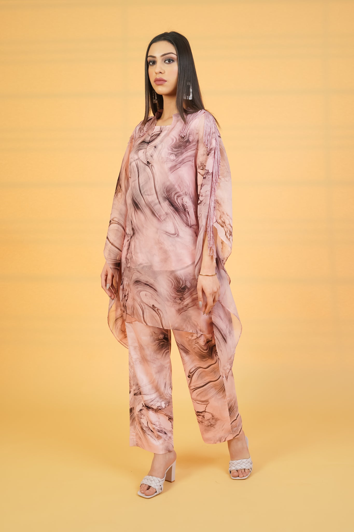 Pink Marble 3pc Co-ord Set With Organza Kaftaan
