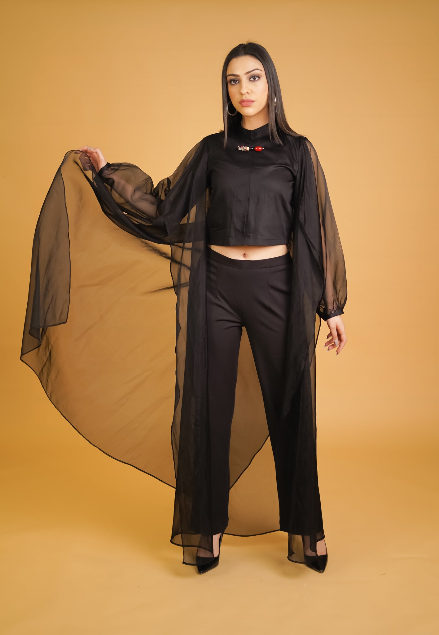 Black Organza Overlay Top With Broach