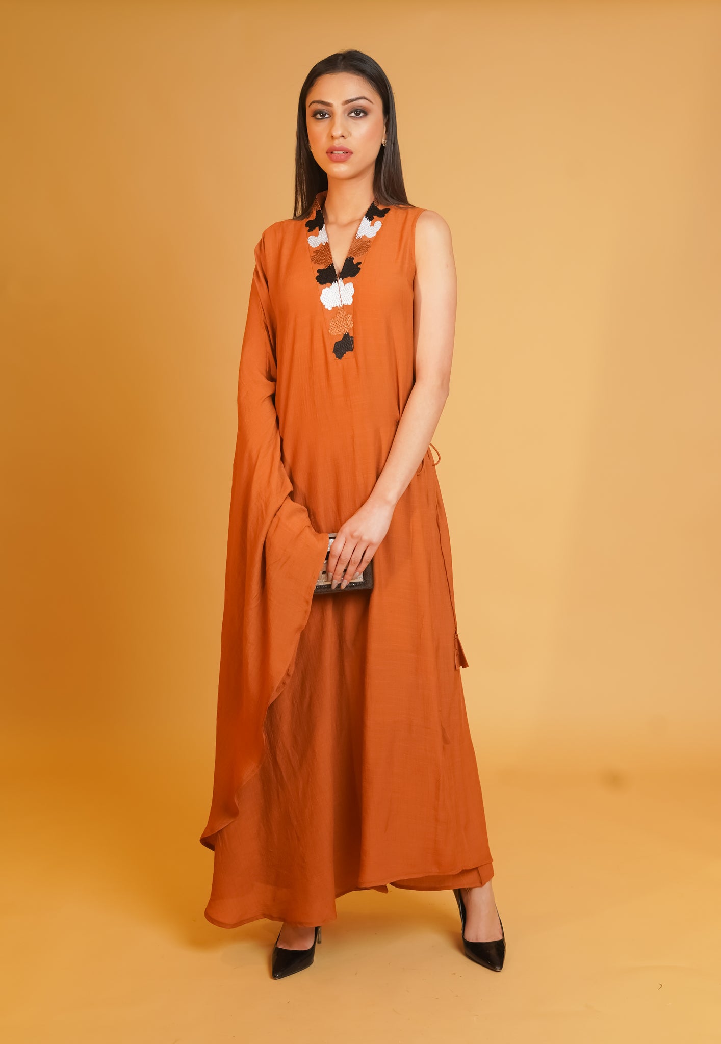 Wavy Tan Embroidered Linen Crepe Co-ord Set