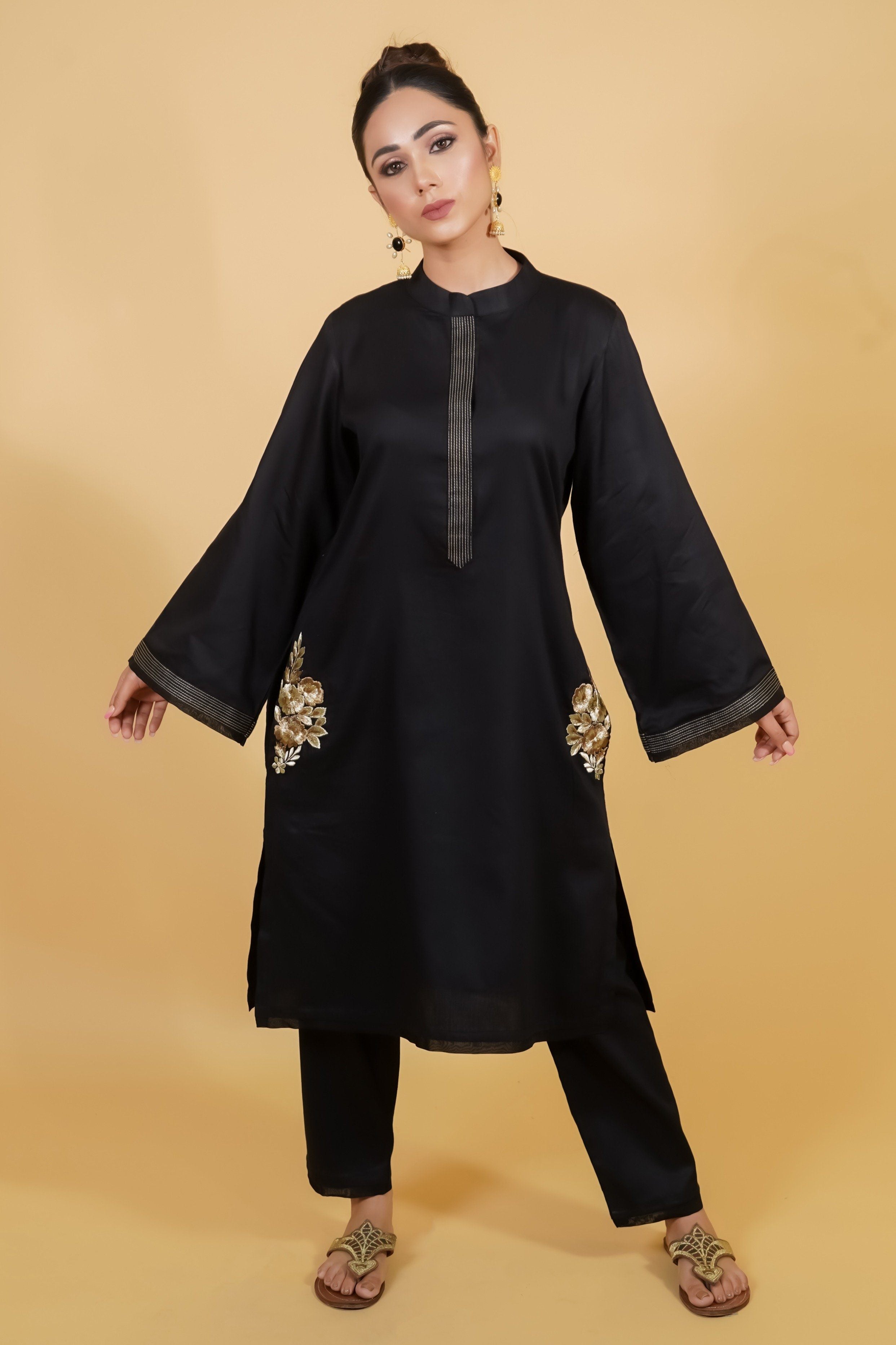 Black Cotton Kurta Set With Golden Embroidery - Neetika Chopra