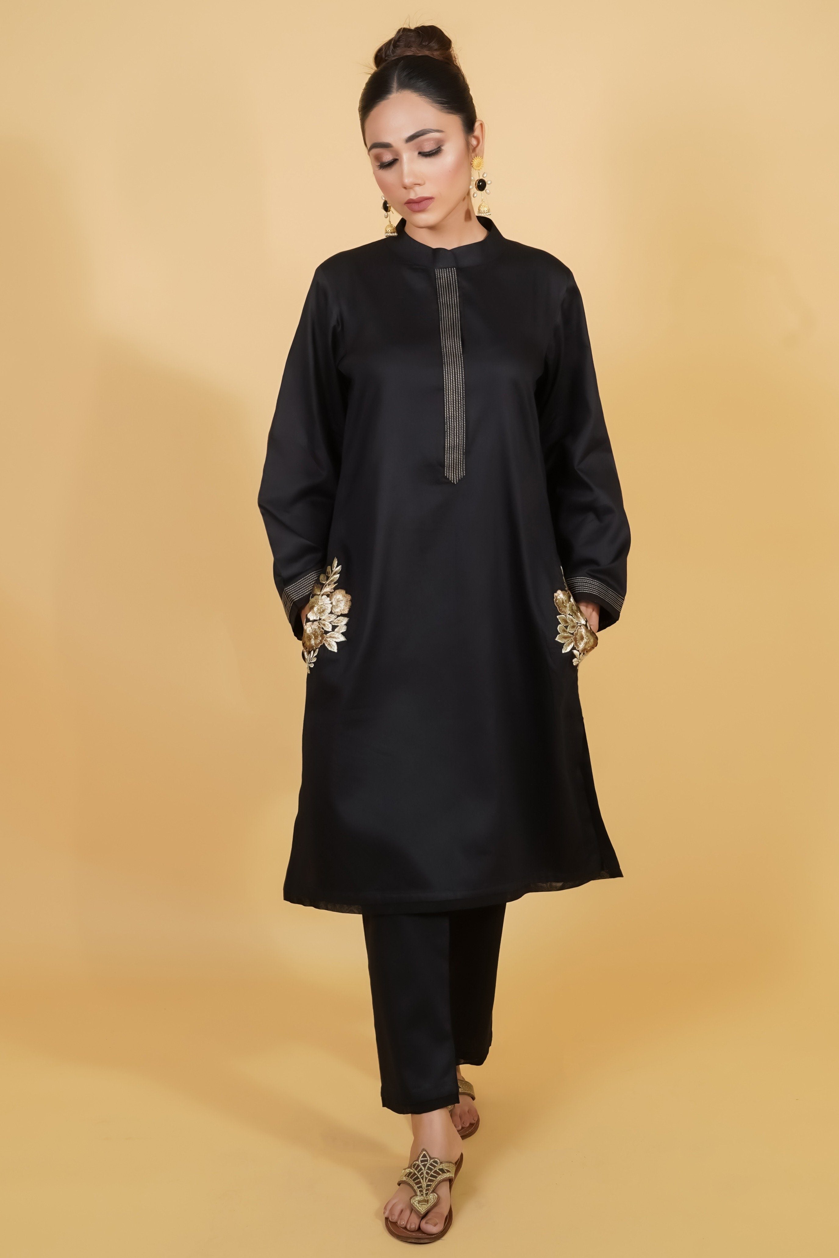 Black Cotton Kurta Set With Golden Embroidery - Neetika Chopra