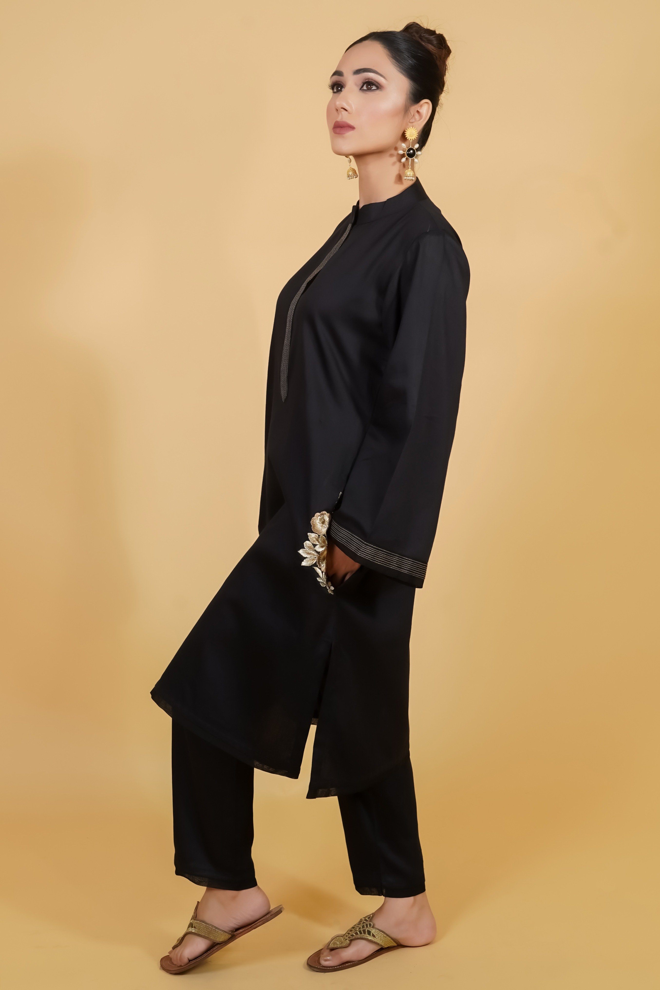 Black Cotton Kurta Set With Golden Embroidery - Neetika Chopra