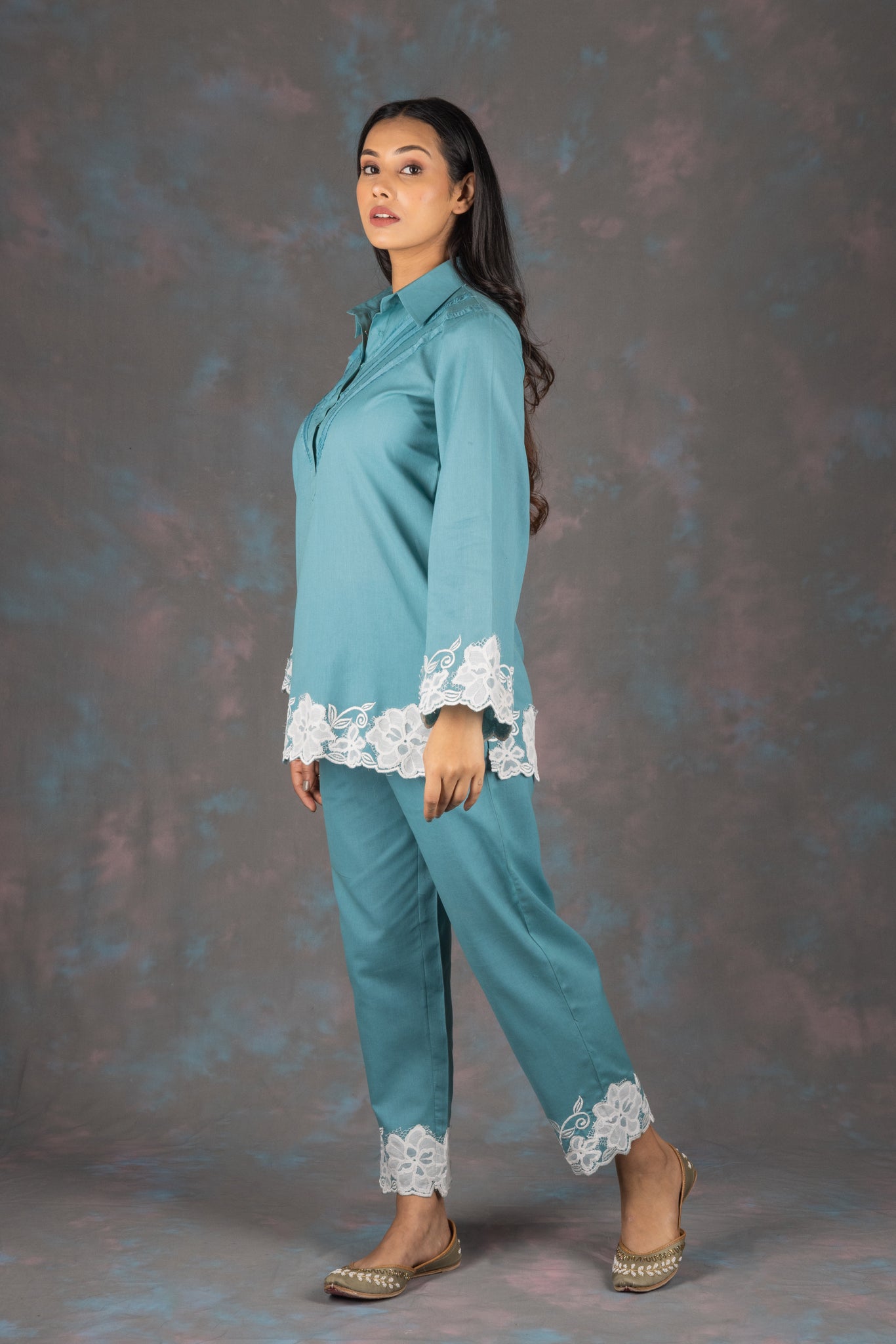 Carolina Blue Embroidered Cotton Co-ord Set - Neetika Chopra