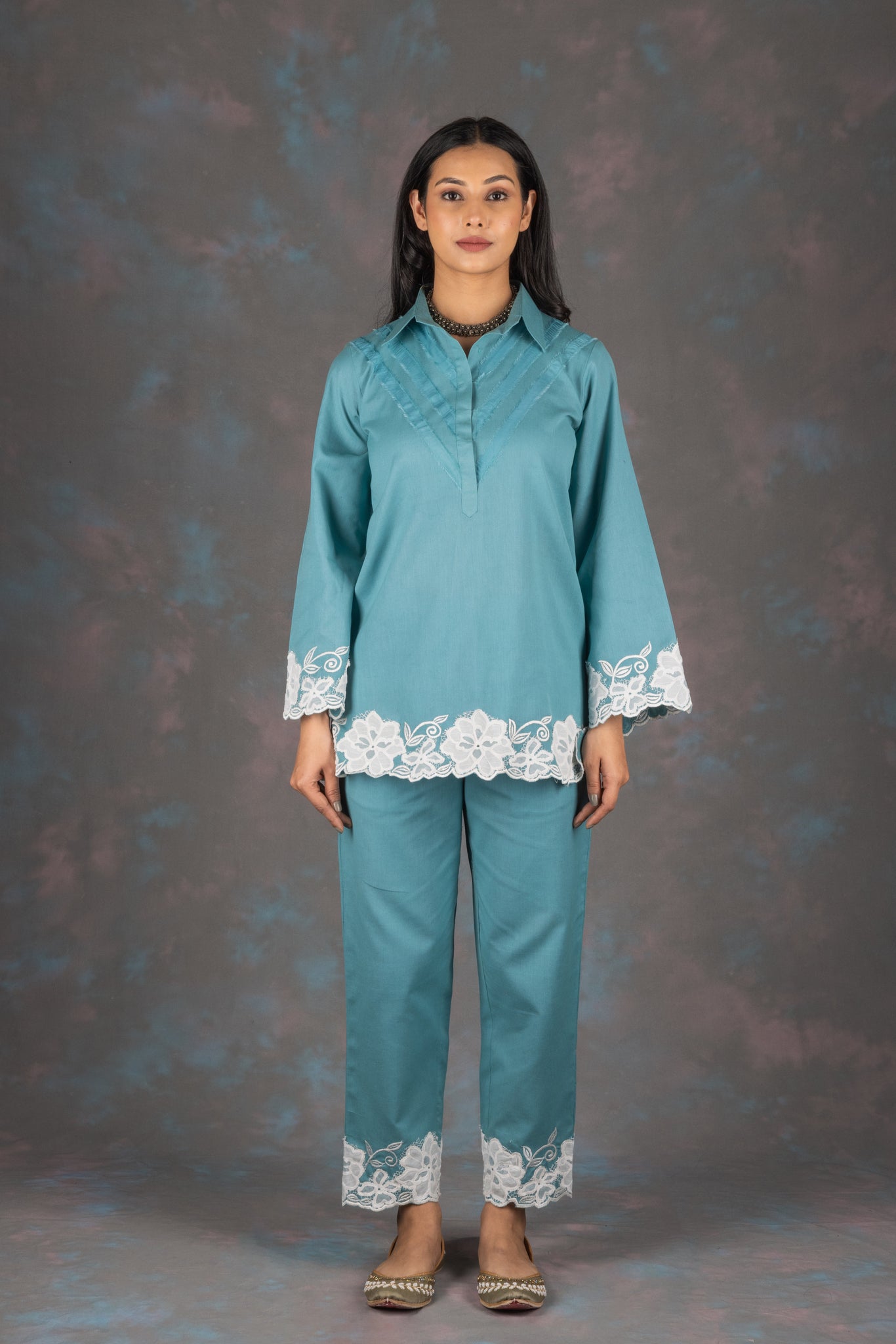 Carolina Blue Embroidered Cotton Co-ord Set - Neetika Chopra