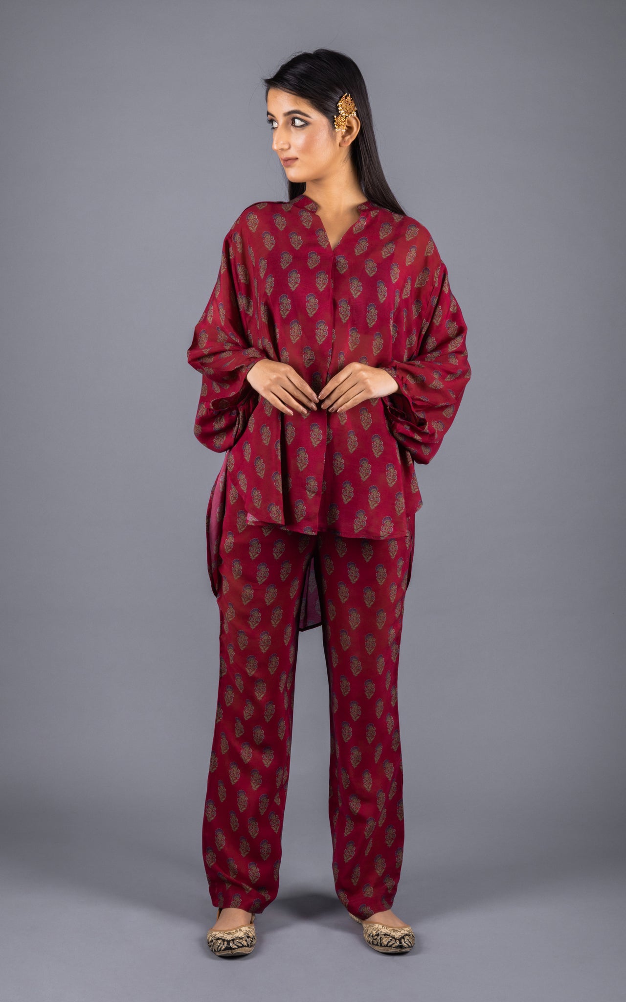 Dark Maroon Crepe Co-ord Set - Neetika Chopra