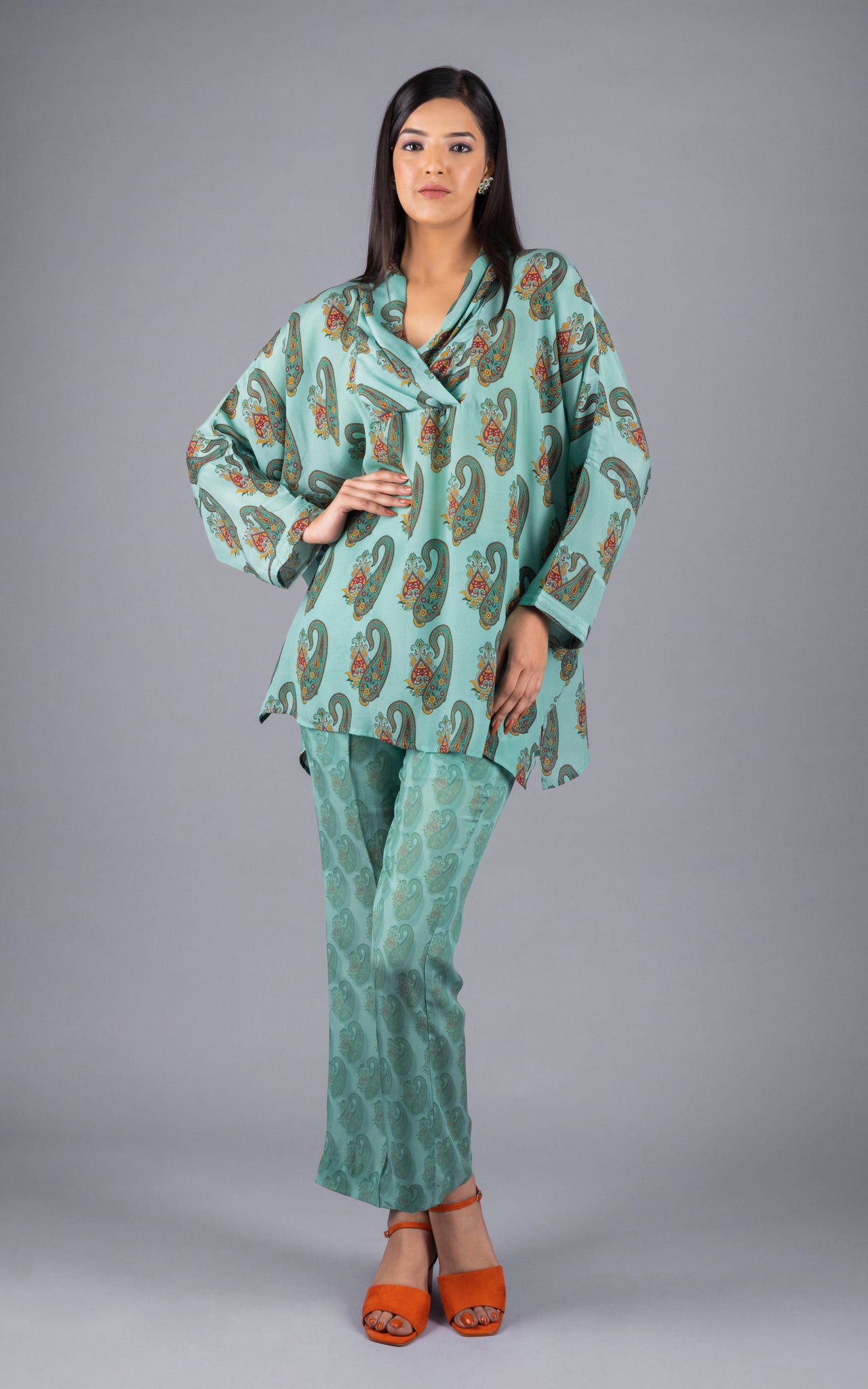 Green Overlay V-neck Crepe Co-ord Set - Neetika Chopra