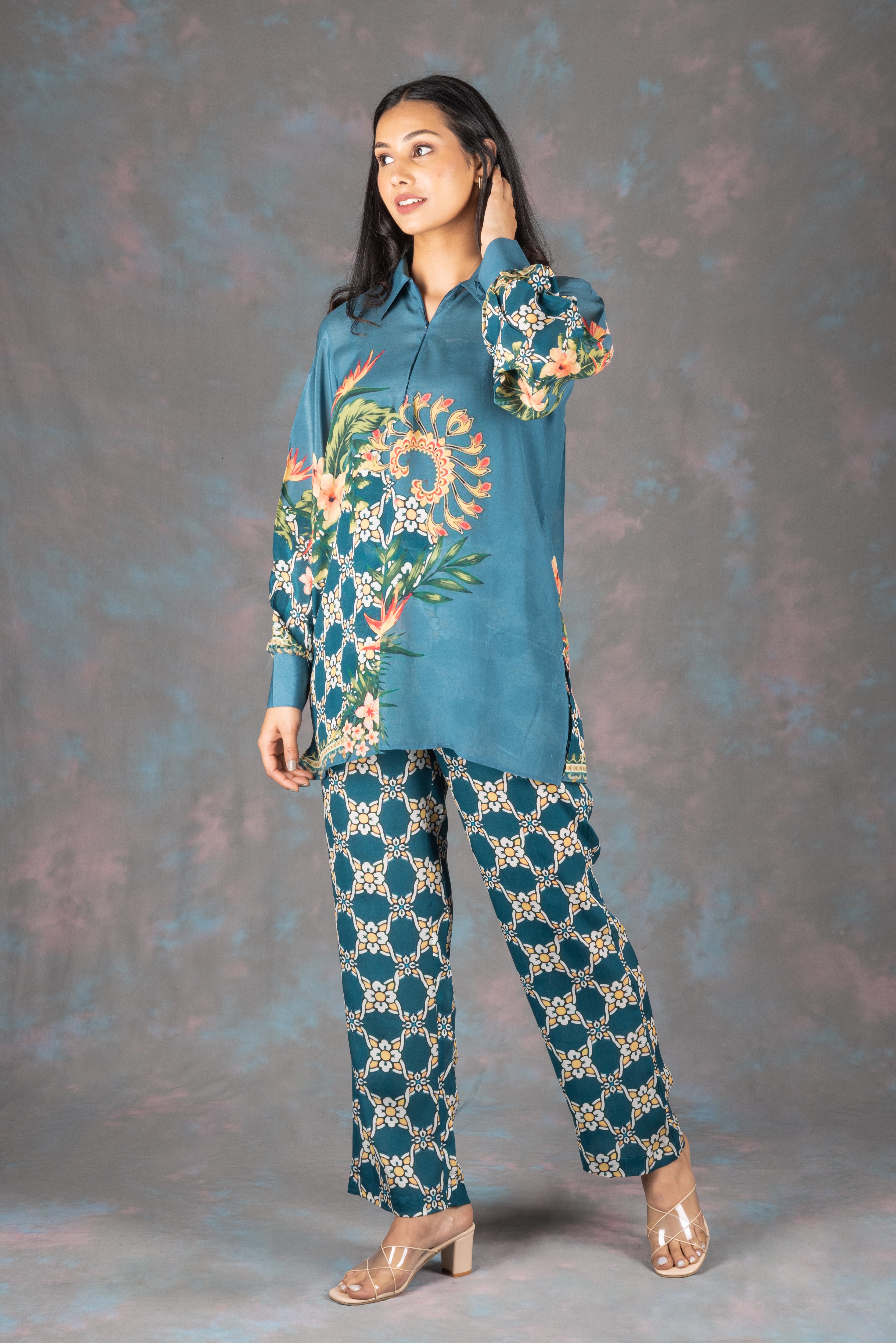 Mehrish Teel Blue Crepe Co-ord Set - Neetika Chopra