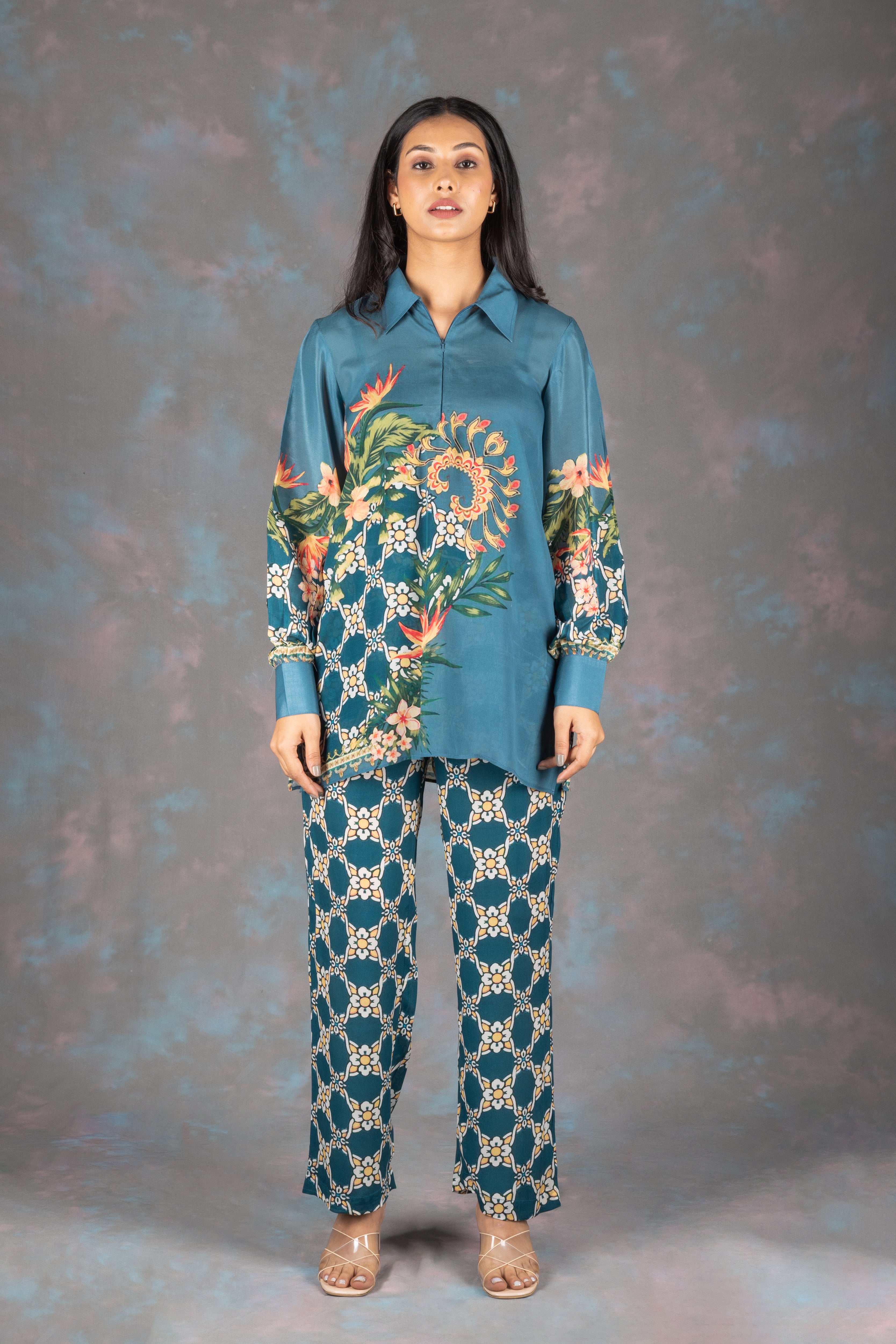 Mehrish Teel Blue Crepe Co-ord Set - Neetika Chopra