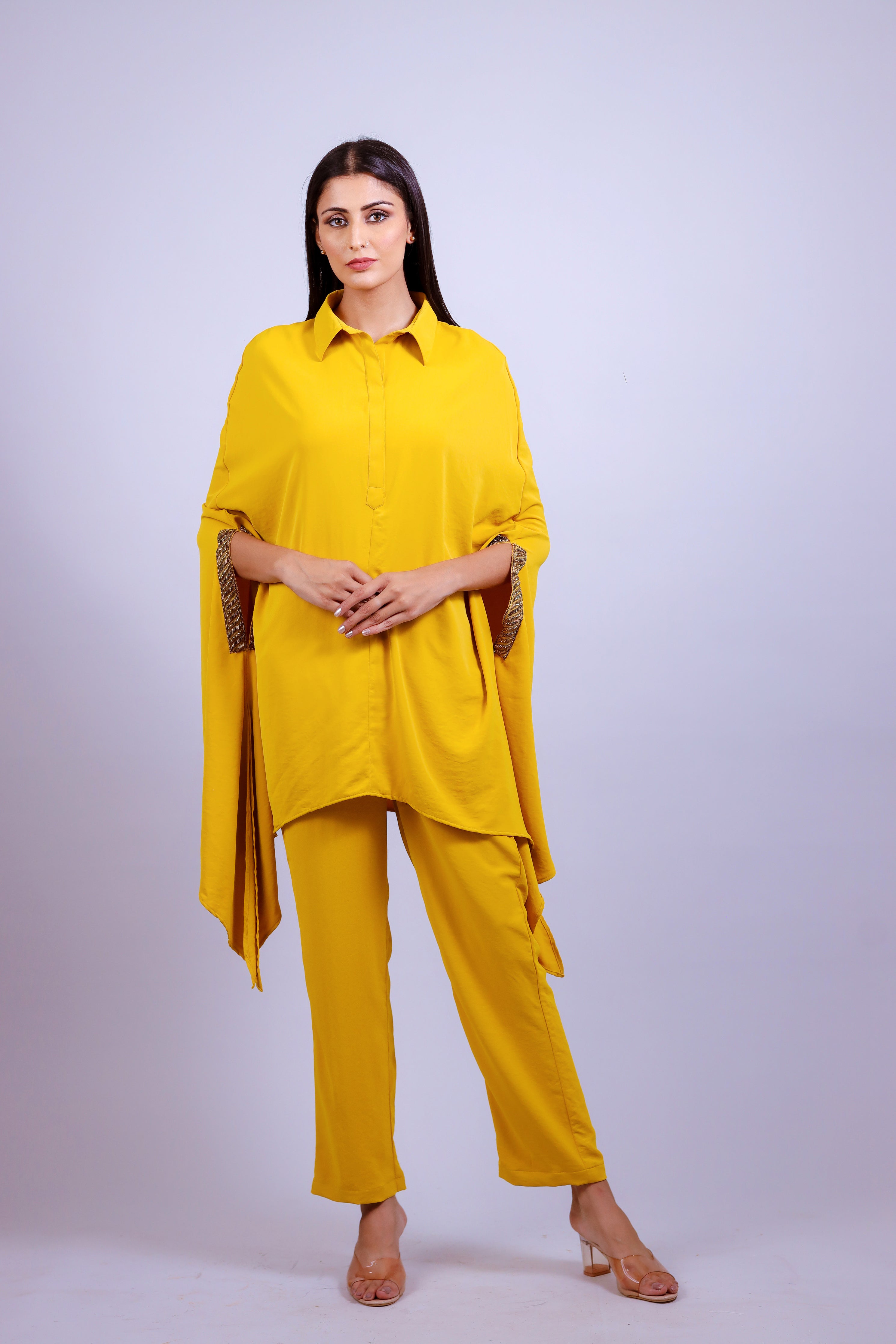 Mustard Yellow Hand Embroidered Kaftaan Co-ord Set - Neetika Chopra