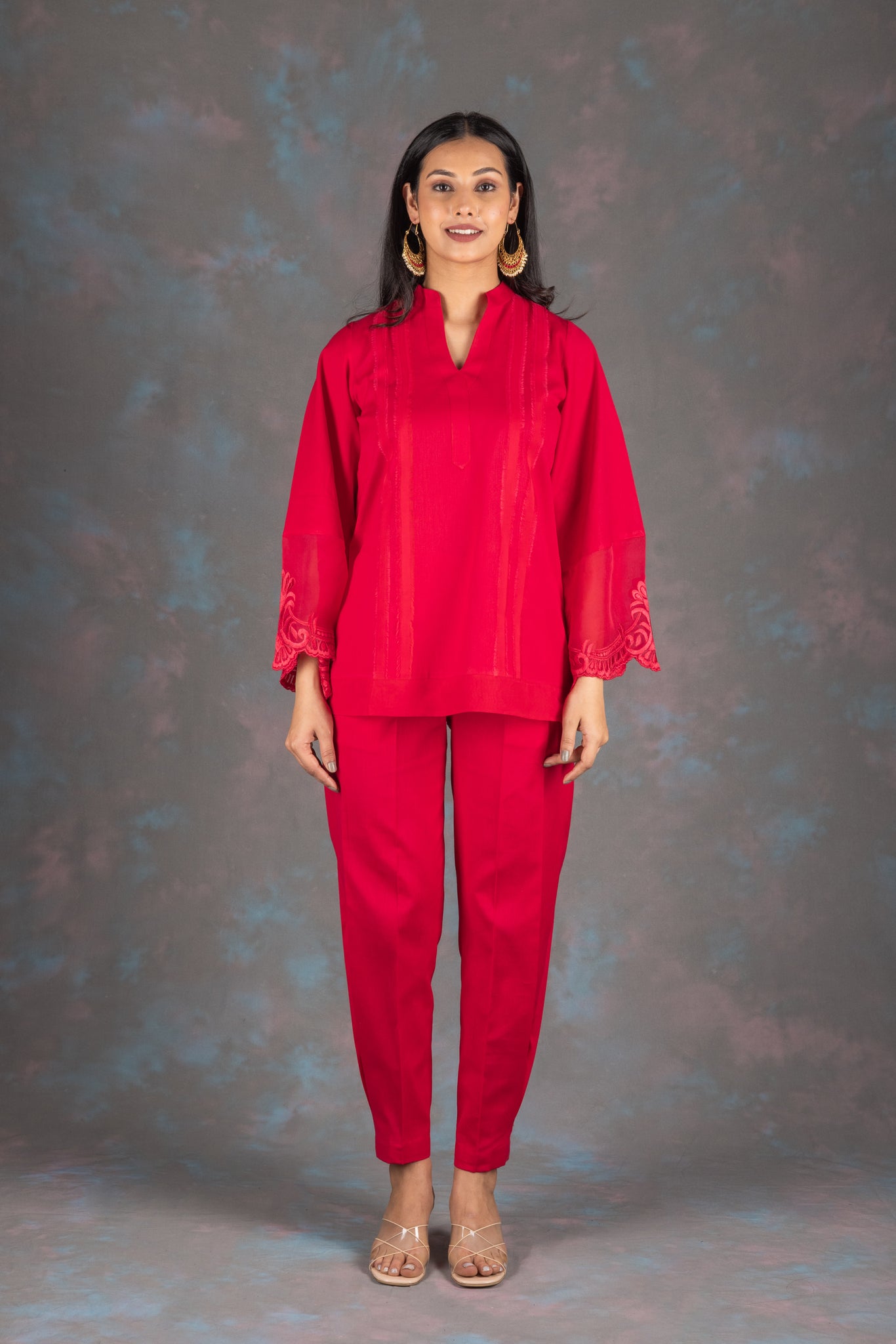 Rosso Corsa Embroidered Cotton Co-ord Set - Neetika Chopra