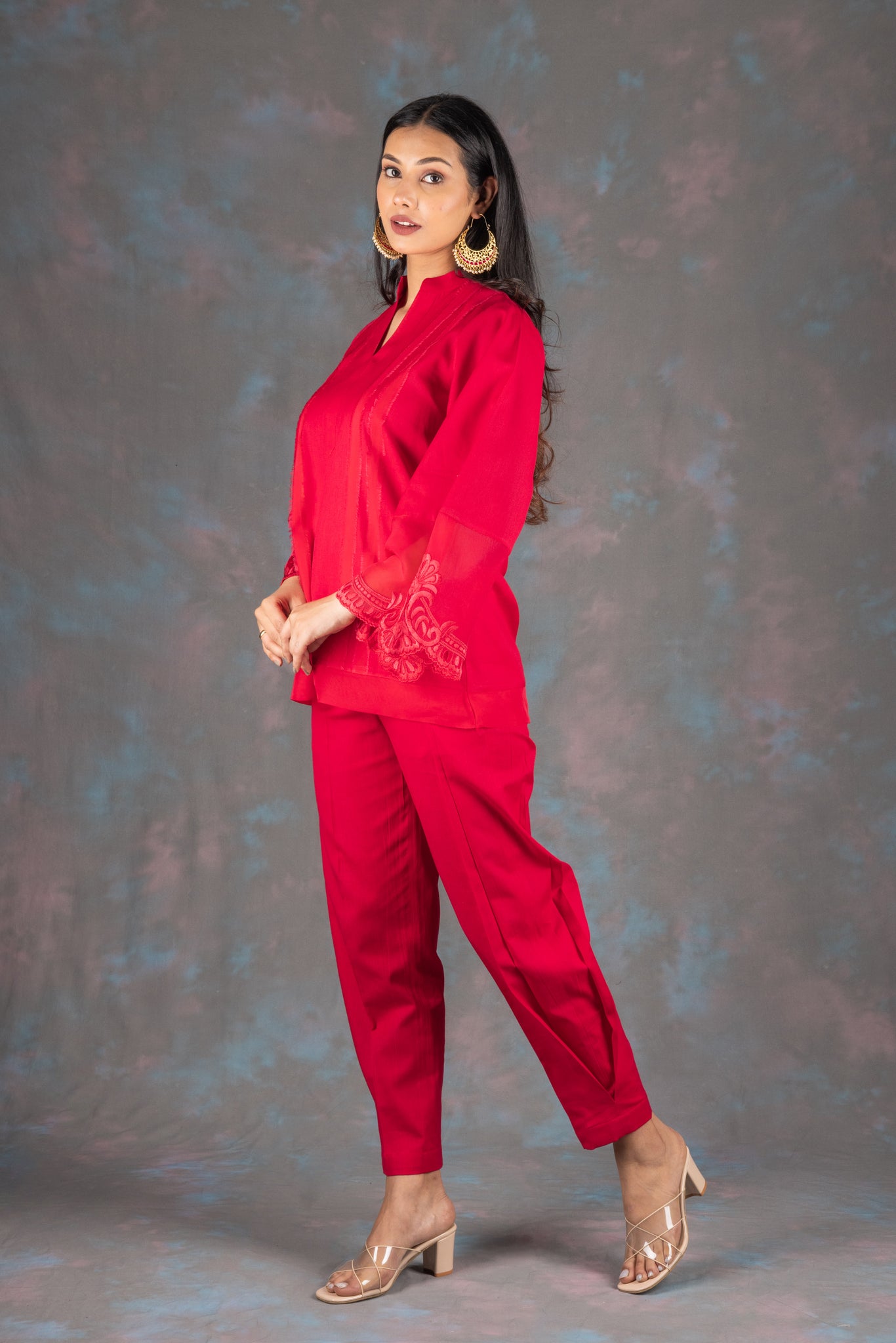 Rosso Corsa Embroidered Cotton Co-ord Set - Neetika Chopra