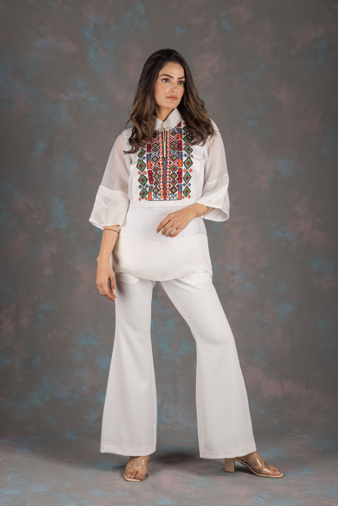 White Aztec Embroidered Co-ord Set - Neetika Chopra