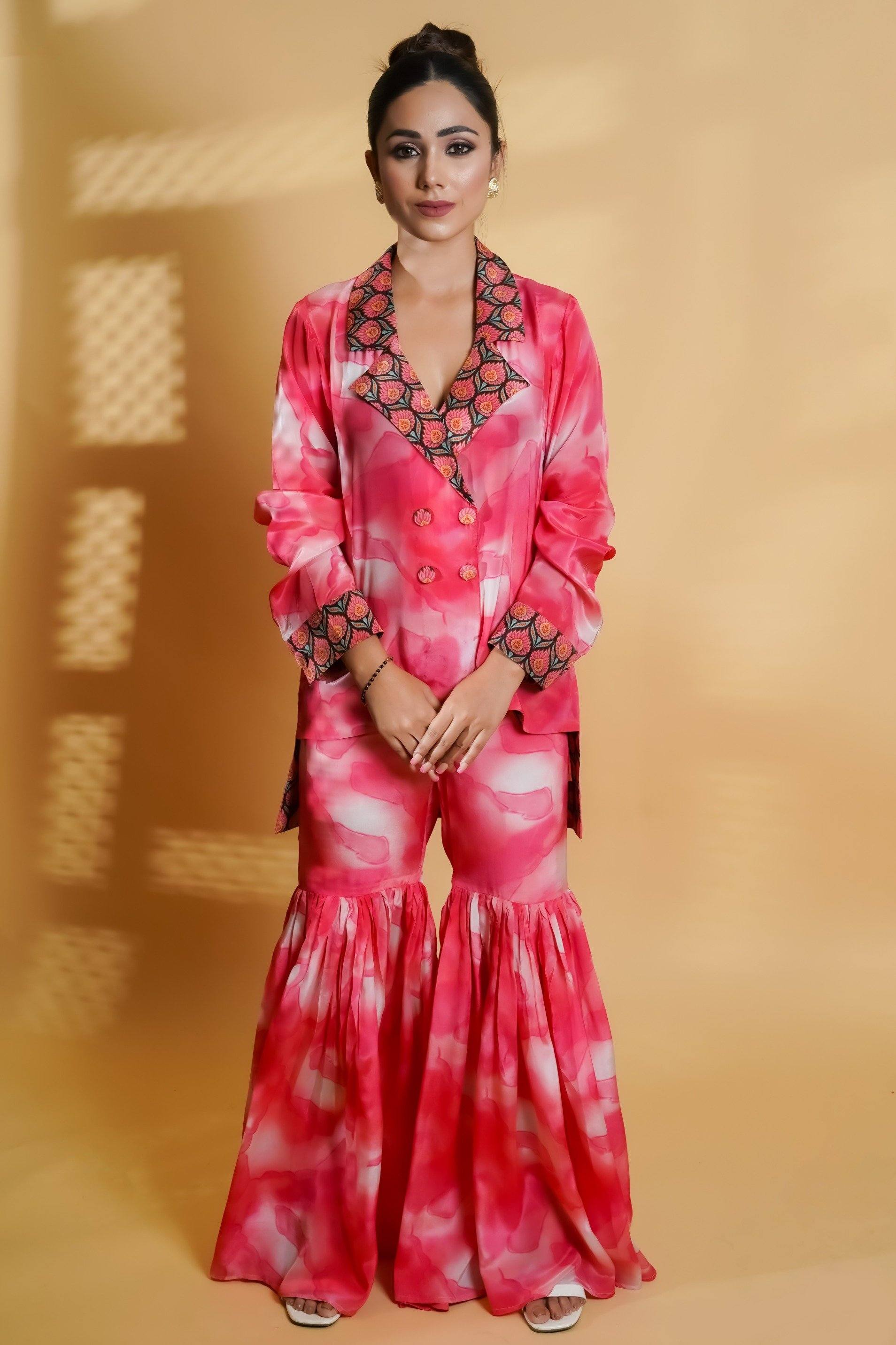 Fusion Peach Shaded Crepe Sharara Set - Neetika Chopra