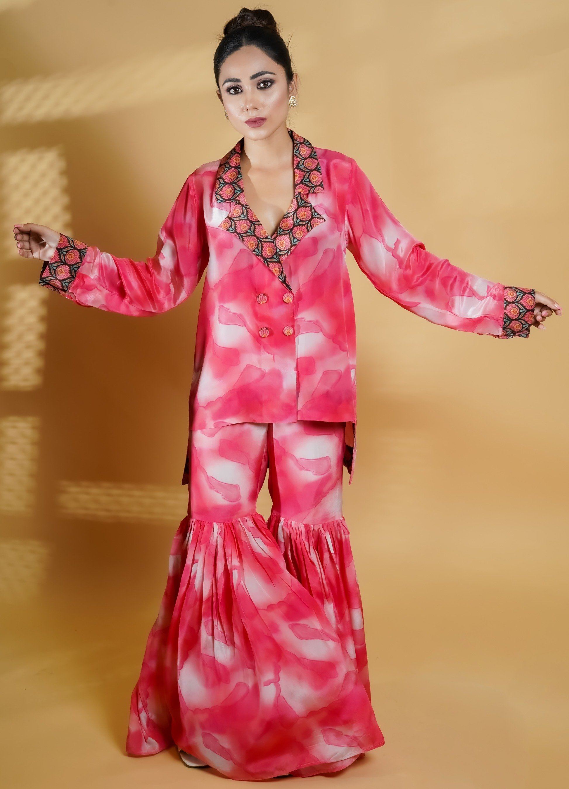 Fusion Peach Shaded Crepe Sharara Set - Neetika Chopra