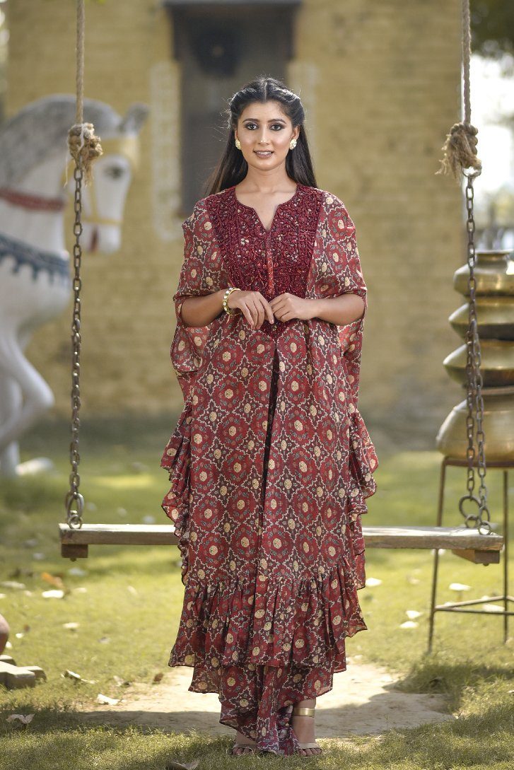 Marsala Boxy Ruffle Set - Neetika Chopra