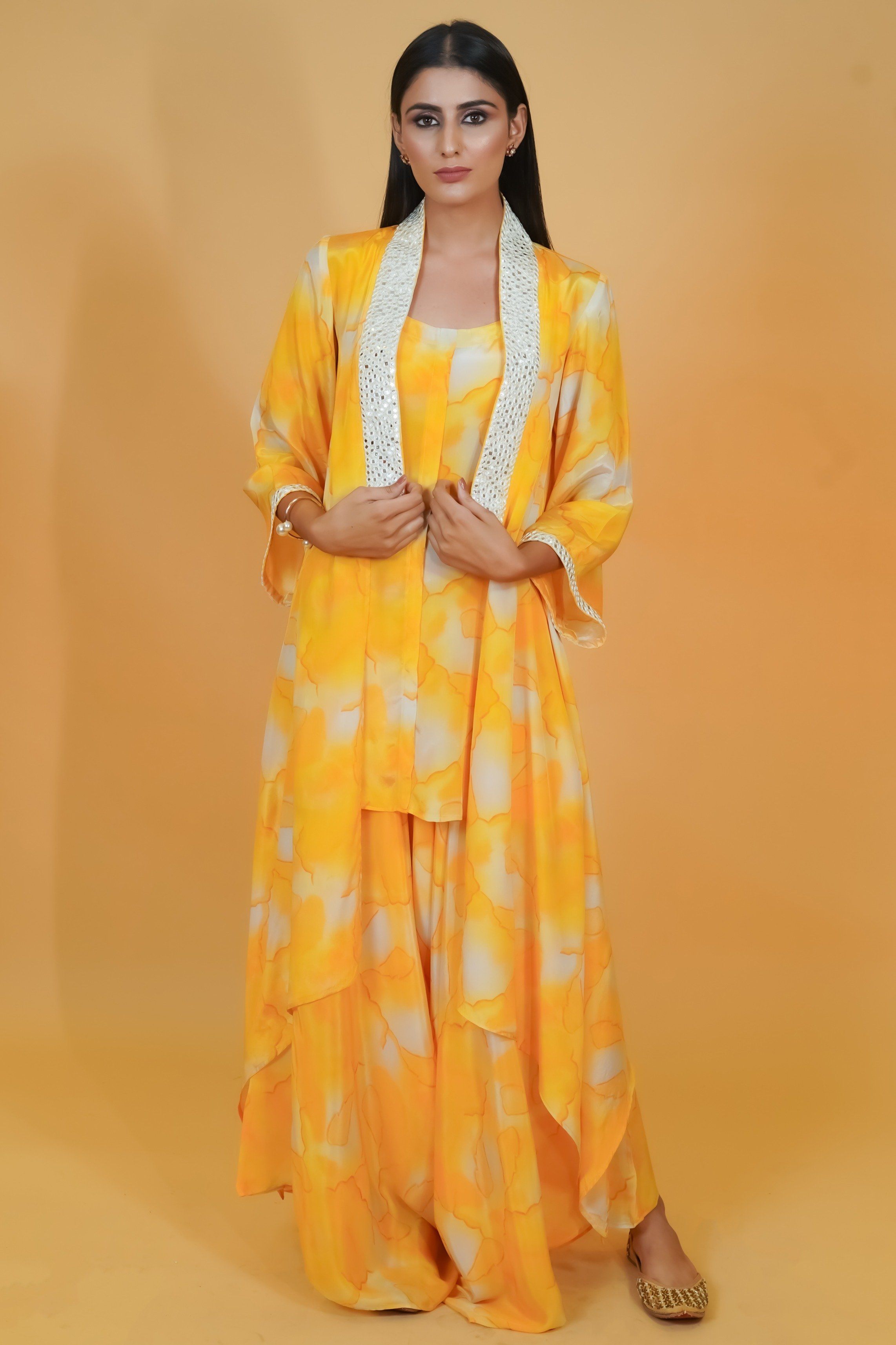 Yellow Shaded Crepe 3pc Co-ord Set - Neetika Chopra